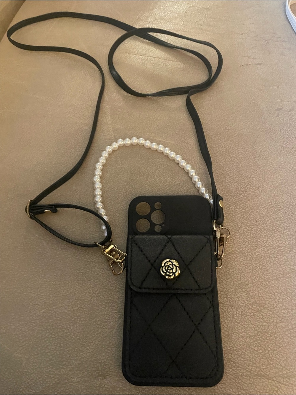 Brand New Black Quilted Crossbody Phone Case with Pearl Handle for iPhone 12 Pro